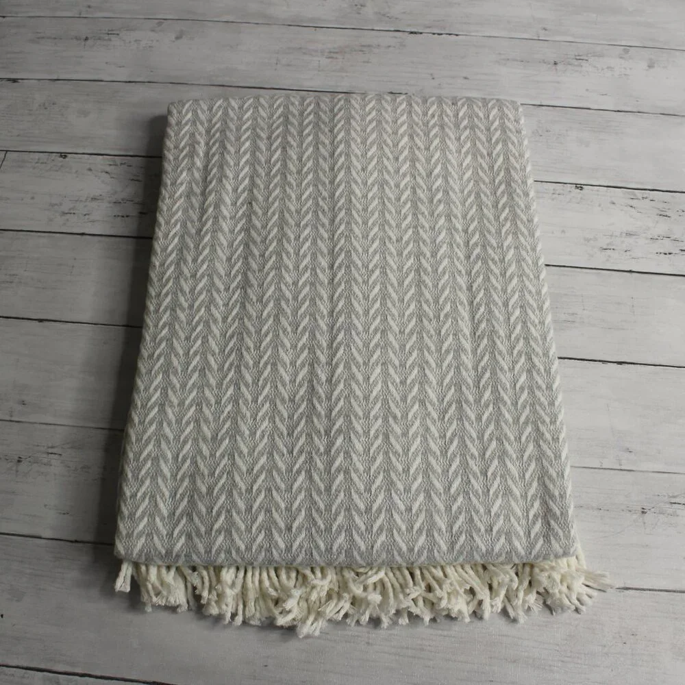 Made in Spain Throw Blanket Gray Off White Herringbone with Fringe Cotton Blend